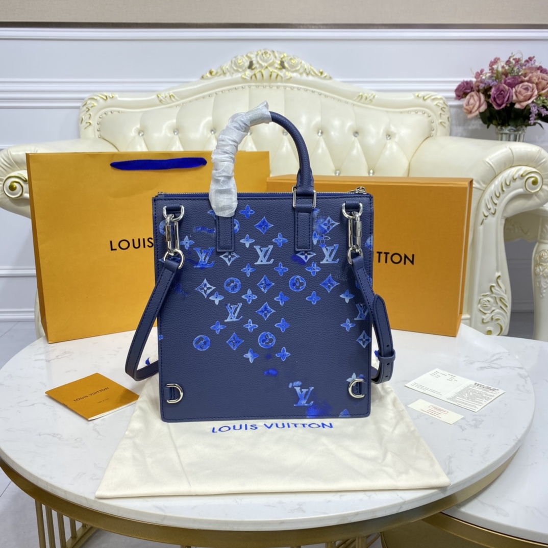 Louis Vuitton SAC PLAT PM Handbag Cowhide Leather M57843 Navy Blue